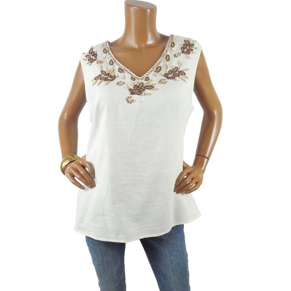 Anne Carson Tops - ANNE CARSON Top 2X Linen Blouse Ivory V-Neck Brown Embroidery Leaves Wood Beads